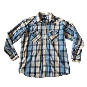 Vintage Dakota Tallman Men's Large Tall Pearl Snap Flannel Shirt Blue Tan Plaid